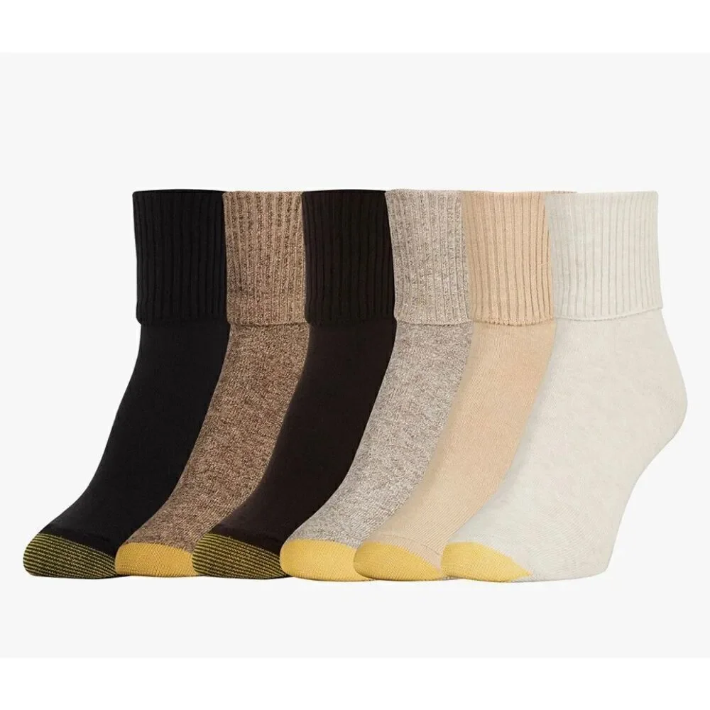 GOLD TOE Women Multi-Brown 6 Pair Turn Cuff Casual Socks Size 6-9 - 4 Packs of 6